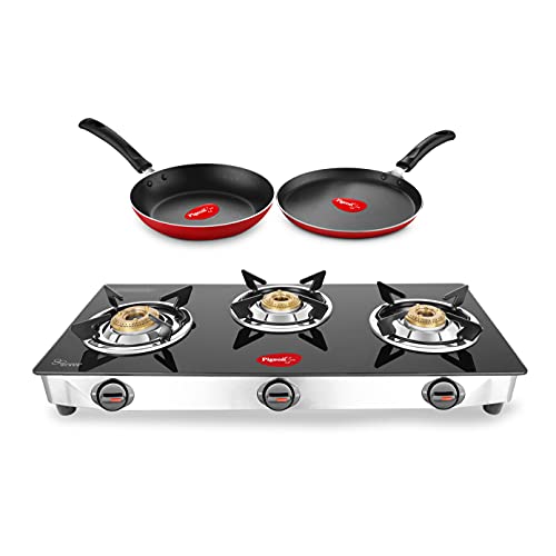 Pigeon By Stovekraft Open Gas Stove & Nonstick Cookware Combo (14812) – Favourite 3 Burner Glass Cooktop With Stainless Steel Body, Flat Tawa, 240Mm & Fry Pan, 250Mm, Multicolour, Manual Ignition
