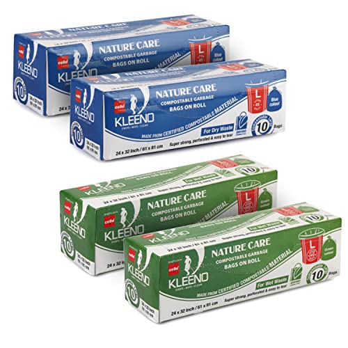 Kleeno By Cello Nature Care Compostable Dry & Wet Garbage Bag Roll Large (45L) (Set Of 4, 10 Bags Each, Blue And Green)