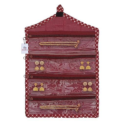Heart Home Hanging Jewellery Organizer | Parachute Foldable Watches Organizer | Makeup Organizer | 4 Transparent Zipper Cosmetic Organizer | Maroon