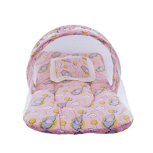 Bumtum Baby Bed, Mosquito Net & Neck Pillow, Baby Gadda Set For New Born, 0M+, Printed Baby Bedding, Baby Elephnat Sleeping Bed Of 71Cm X 47Cm X 5Cm, Baby Pink