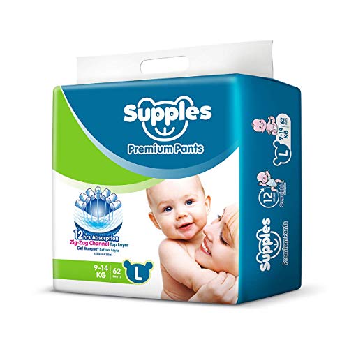 Supples Premium Diapers, Large (L), 62 Count, 9-14 Kg, 12 Hrs Absorption Baby Diaper Pants