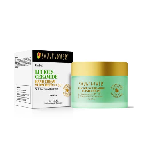 Sunscreen & Hand Cream With Spf 50+ From Soulflower | Dry & Rough Hands, Skin Moisturization, Sun Protection| Men & Women | Aloe Vera, Shea Butter |50G