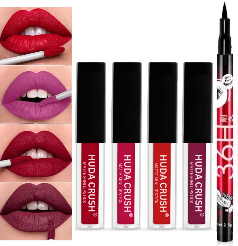 Huda Crush Beauty Lipstick Pack Of 4Pcs Matte Lipstick & 36H Waterproof Eyeliner Sketch(Swiss Red Edition, 12 Ml)