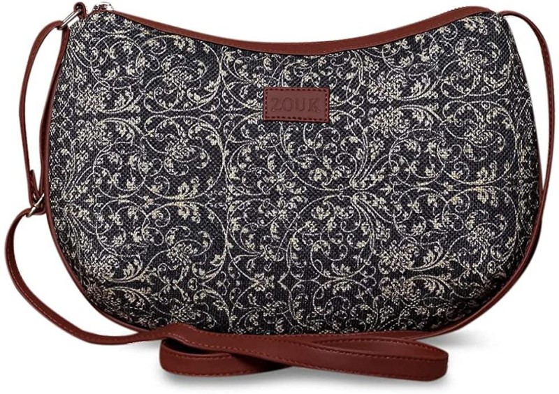 Zouk Black Sling Bag 100% Peta Approved Vegan Leather Latice Lace Print Shoulder Bag For Women