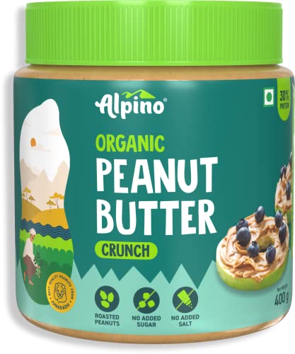 Alpino Organic Natural Peanut Butter Crunch 400 G | 30% Protein | Made With 100% Organic Peanuts | No Added Sugar & Salt | Plant Based Protein Peanut Butter Crunchy
