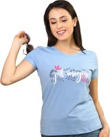 Groversons Paris Beauty Printed Women Round Neck Light Blue T-Shirt