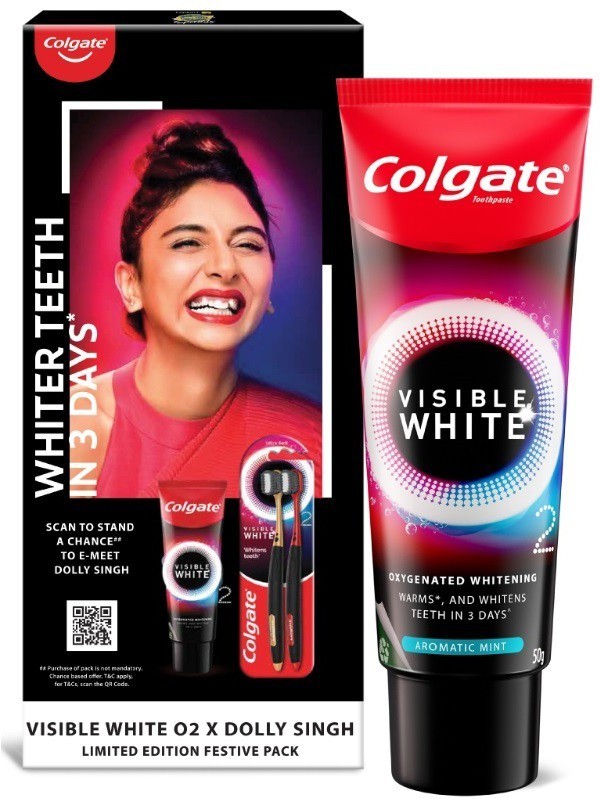 Colgate Visible White O2 Toothpaste 100Gm & O2 Toothbrush 2Pcs Dolly Singh Limited Pack Toothpaste(100, Pack Of 4)