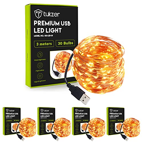 Tukzer Copper Led Fairy String Lights With Usb, High Brightness, Low Power Consumption, Indoor Outdoor Decoration, Christmas Decor, Led Strip Light For Party Light, 3 Meter, Warm White, Pack Of 5
