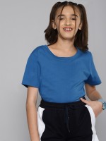 M&H Juniors Girls Solid Cotton Blend T Shirt(Blue, Pack of 1)