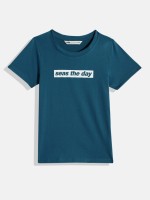 M&H Juniors Girls Typography Cotton Blend T Shirt(Blue, Pack of 1)