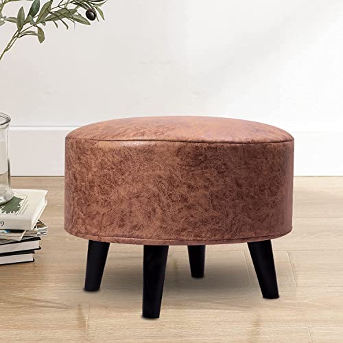 Sattva Round Wooden Stools For Living Room Foam Cushioned Pouffe Footrest | Ottoman_ Velvet Textured Dark (Fixed Legs)_(41 X 41 X 30 Cm)