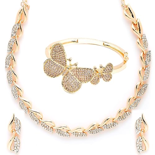 Zeneme American Diamond Studded Leaf Shaped Necklace With Earring And Butterfly Shaped Bracelete Jewellery Shaped For Women And Girl (Rose Gold)