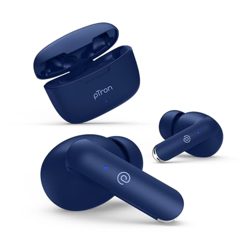 Ptron Bassbuds Duo In Ear Earbuds With 32Hrs Total Playtime, Bluetooth 5.1 Wireless Headphones, Stereo Audio, Touch Control Tws, With Mic, Type-C Fast Charging, Ipx4 & Voice Assistance (Blue)