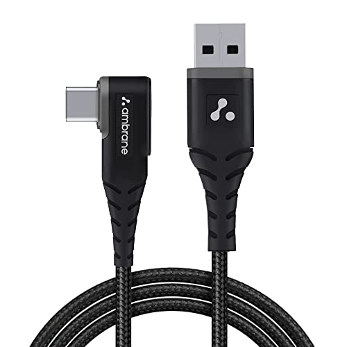 Ambrane Type C Mobile Charging Cable 3A Fast Charging, 1.5M L Shaped Braided Cable, 480Mbps Data Transfer For Smartphones, Tablet, Laptops & Other Type C Devices (Ablc10, Black)