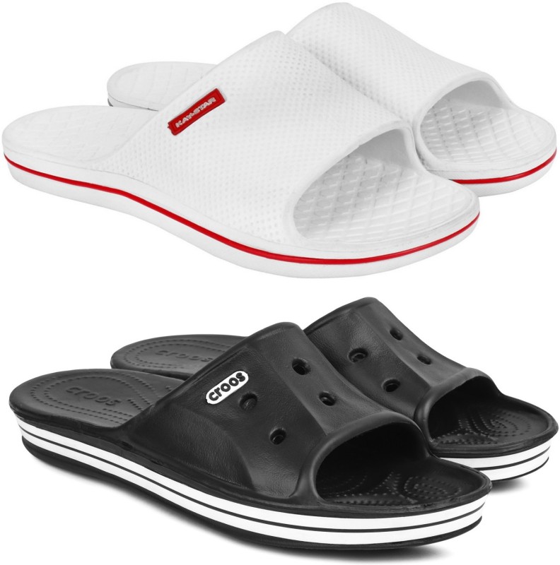 Monoction Combo Pack Of 2 Casual Comfort Trendy Stylish Slipper For Men Flip Flops Slides(White, Black 10)