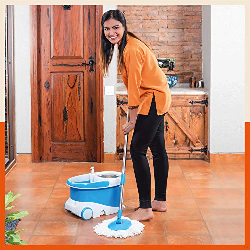 Bathla Ultra Clean Plus – Heavy Duty Microfiber Spin Mop With Large Trolley Wheels (Blue)