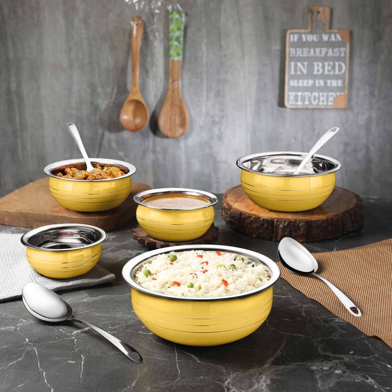Classic Essentials Yellow Color Induction Friendly Stainless Steel Handi/Patila/Bhagona Cook &Serve Cookware Set(Stainless Steel, 10 – Piece)