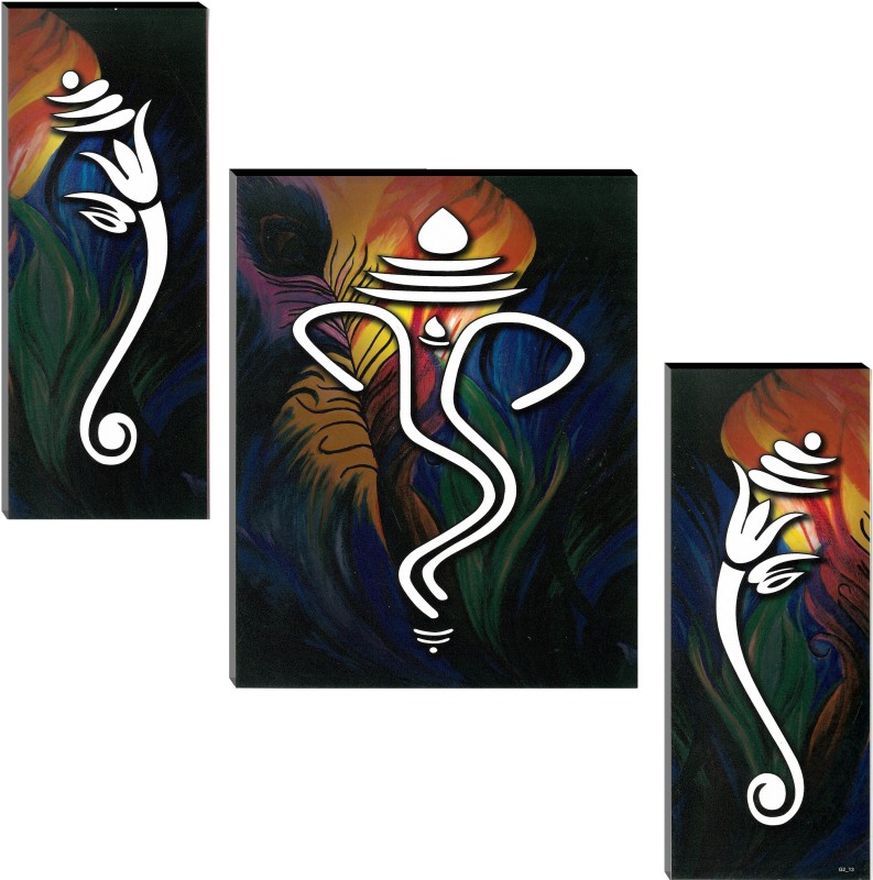Indianara Set Of 3 Lord Ganesha Mdf Art Painting (3708Fl) Without Glass (4.5 X 12, 9 X 12, 4.5 X 12 Inch) Digital Reprint 12 Inch X 18 Inch Painting(With Frame, Pack Of 3)