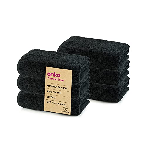 Anko 100% Cotton Malmo 550 Gsm | Black Face Towel Set Of 6 | 33 X 33 Cm | Travel, Gym, Spa, Salon Towel