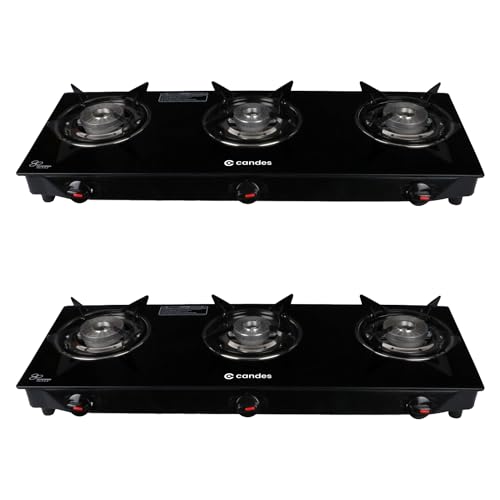 Candes Toughened Glass 3 Burner Manual Gas Stove |Die Cast Alloy Tornado Burner | Glass Gas Stove 3 Burner | Lpg Compatible |Isi Certified | Door Step Service, 300 Days Warranty| Pack Of 2