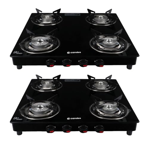 Candes Toughened Glass 4 Burner Manual Gas Stove |Die Cast Alloy Tornado Burner |Gas Stove 4 Burners | Lpg Compatible |Isi Certified | Door Step Service, 300 Days Warranty| Pack Of 2