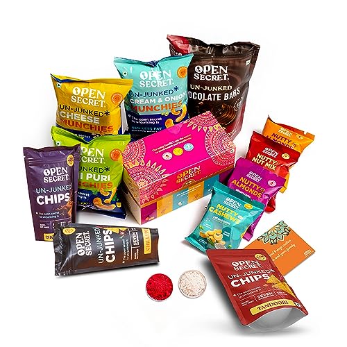 Open Secret Bhai Dooj Gift Hamper For Brother Sister | 14 Item Gift Combo – Assorted Chocolate Cookies Biscuits, Dark Chocolates, Chips, Dry Fruit And Nuts Combo – Cashew Almond, Bhaidooj Card, Roli Chawal, Tika Set | Healthy Snacks Gift Set For Brother Sister