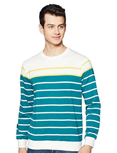 Amazon Brand – Symbol Men’S Cotton Blend Crew Neck Sweatshirt (Aw19Mnssw60_White&Fog Teal_M)