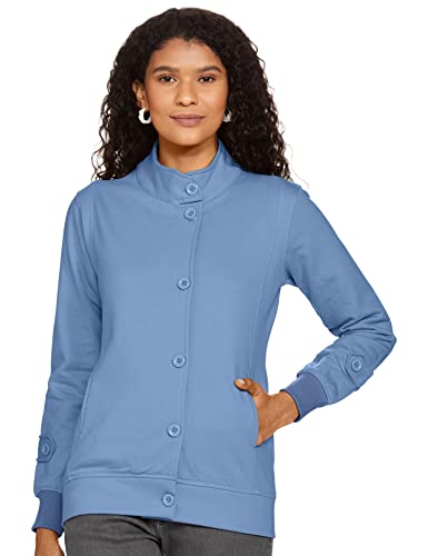 Qube By Fort Collins Women’S Fleece Button Front Sweatshirt (805Q-Blue-M_Blue_M)