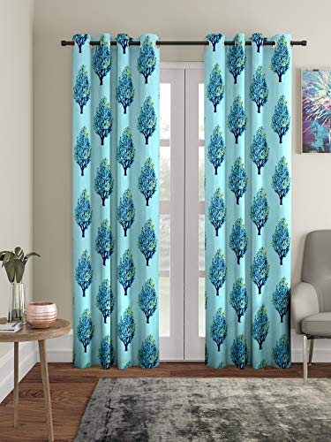 Cortina 2 Piece Leaf Design Panel Eyelet Polyester Door Curtains – 7 Feet, Blue