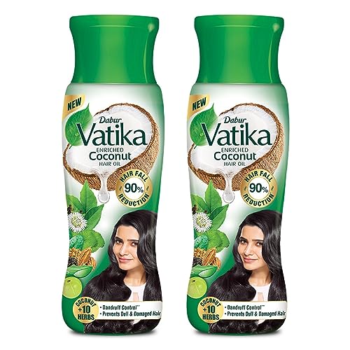 Dabur Vatika Enriched Coconut Hair Oil, (Pack Of 2, 300Mlx2) For Strong, Thick & Shiny Hair, Clinically Tested To Reduce 90% Hairfall In 4 Wks, Prevents Dull & Damaged Hair, Enriched With 10 Herbs