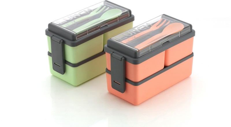 (Set Of 2) Stylish And Leakproof 3 Compartment Lunch Box With 1 Spoon & 1 Frok / 6 Containers Lunch Box(1100 Ml)