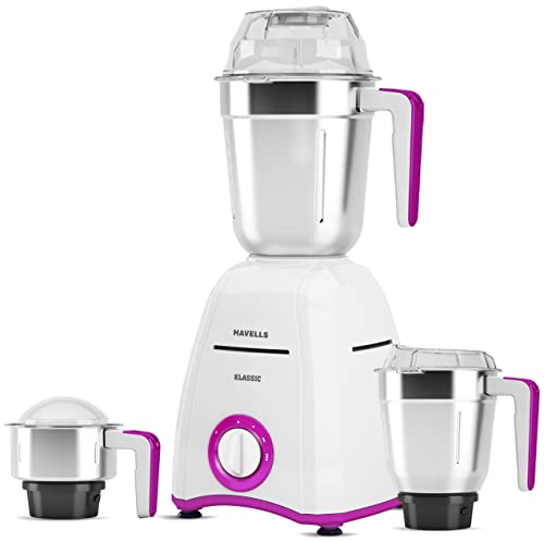 Havells Klassic 750 Watts 3 Jar Mixer Grinder With 304 Ss Blades, Large Size Ss Jars, Break Resistant Polycarbonate Transparent Jar Lids With Twist & Lock Mechanism
