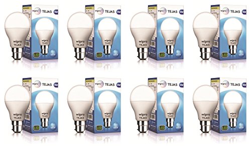 Wipro Tejas 9W Led Bulb For Home & Office |B22 Led Bulb Base |Cool Day White Light (6500K) |4Kv Surge Protection |High Voltage Protection |Eco Friendly Energy Efficient | Pack Of 8