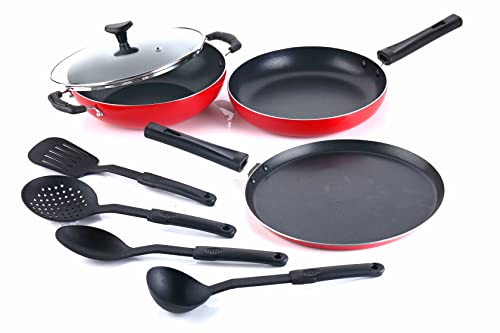 Crystal Classic Series 8-Pc Non-Stick Cookware Set, Pfoa Free, Tawa, Kadhai With Glass Lid, Fry Pan, 4 Spatulas, Red