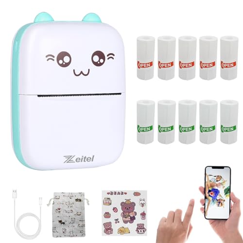 Zeitel® Mini Bluetooth Thermal Printer, Portable Label Printer Inkfree Printer For Android & Ios System, Black On White Thermal Printer With 10 Roll Of Print Paper, Stickers, Blue