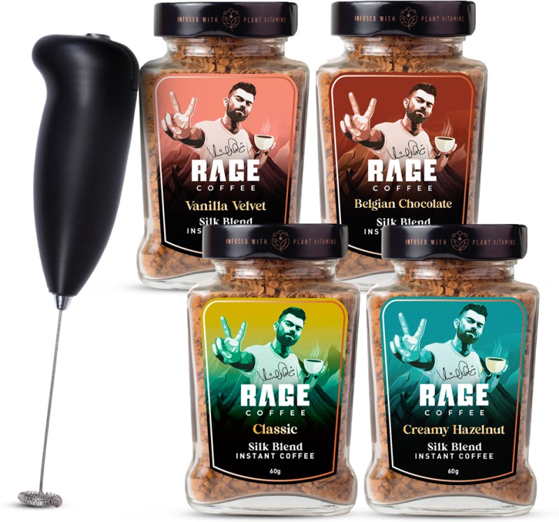 Rage Silk Combo 60Gx4- Classic, Belgian Chocolate, Creamy Hazelnut, Vanilla + Frother Instant Coffee(5 X 60 G, Assorted Flavoured)