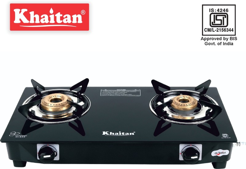 Khaitan 2 Burner Bp Nano Premium Ms Black Glass Manual Gas Stove(2 Burners)