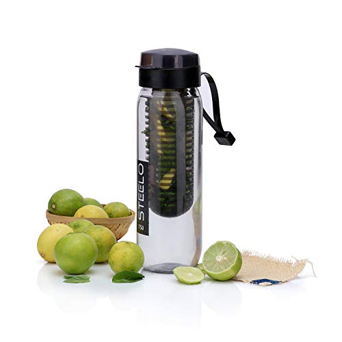 Steelo Plastic Fruit Infuser Bottle, 700Ml, Black, Set Of 1