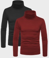 LIME Solid Men High Neck Maroon, Black T-Shirt