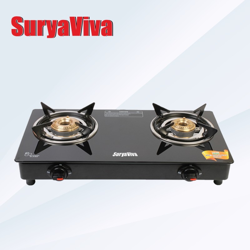 Suryaviva Photon 2B Bk Toughened 2 Cast Iron (Igniton,Black) Glass Manual Stove(2 Burners)
