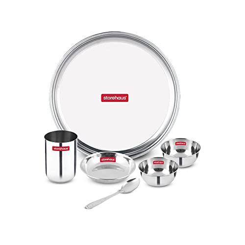Storehaus 6 Pieces Smart Stainless Steel Dinnerware/Dinner Set – 1 Thali, 1 Halwa Plate, 2 Bowl, 1 Glass, 1 Spoon, Kitchen Set For Home, Restaurants, Family – Silver