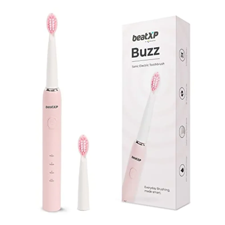 Beatxp Buzz Electric Toothbrush For Adults With 2 Brush Heads & 3 Cleaning Modes|Rechargeable Electric Toothbrush With 2 Minute Timer & Quadpacer|19000 Strokes/Min With Long Battery Life (Pink)