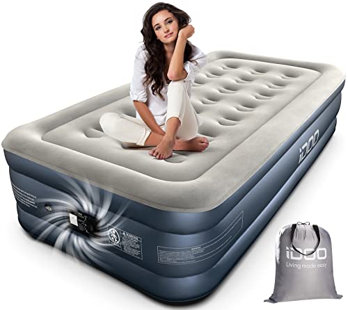 Idoo Single Air Bed, Inflatable Bed With Built-In Electric Pump, 3 Mins Quick Self-Inflation/Deflation Guest Air Mattress, Blow Up Bed For Home Portable Camping Travel 190X100X46Cm 250Kg Max