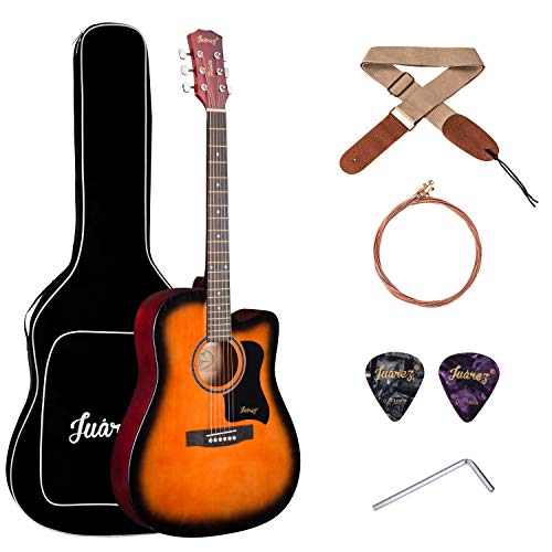 Juarez Fiésta 41 Inch Acoustic Guitar Cutaway With Dual Action Truss Rod, 21 Frets Rosewood Fretboard & Bridge, Padded 5Mm Cotton Bag, Cotton Strap, 2 Picks, Allen Key, Extra String Set, 3Ts Sunburst
