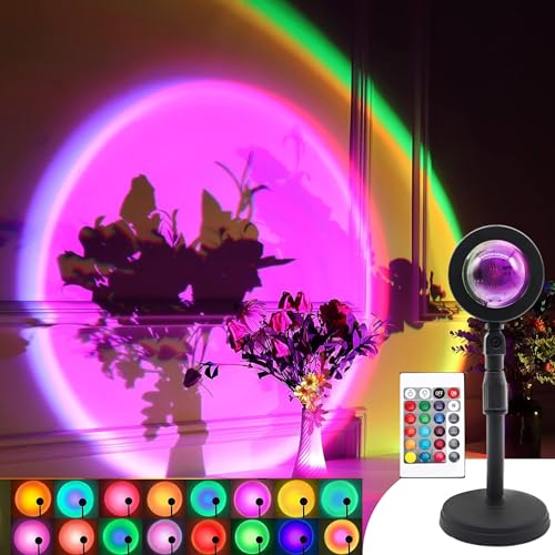 Keyora Sunset Lamp Projector, 16 Colors Laser With Led Lights / Desk Lamp, Rainbow Night Light 360 Degree Rotation Romantic Sunlight With Remote(Plastic, Black, Pack Of 1)
