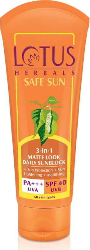 LOTUS HERBALS Sunscreen – SPF 40 PA+++ Safe Sun 3-in-1 Matte Look Tinted Sunscreen SPF 40 PA+++, Non-Greasy, Mattifying, Instant BB Glow(100 g)