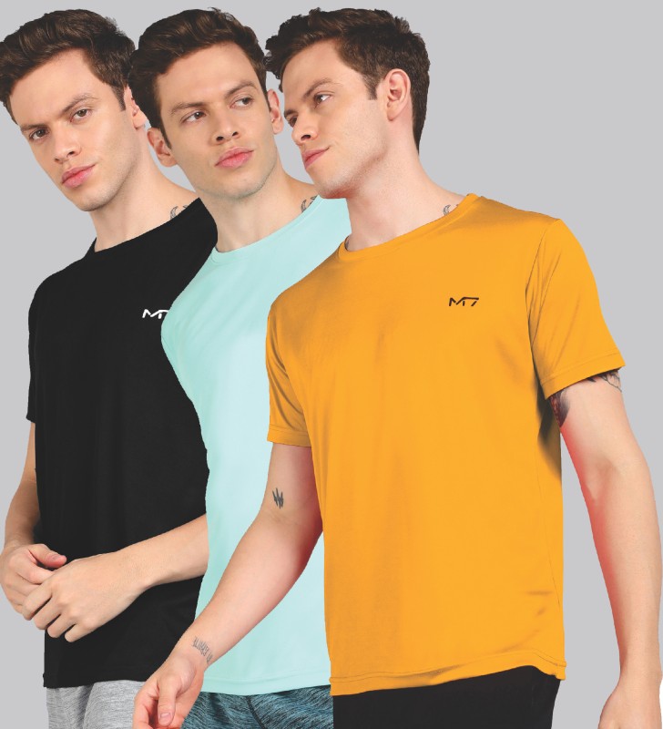 M7 By Metronaut Solid Men Round Neck Black, Light Green, Yellow T-Shirt