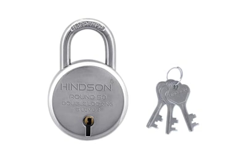 Hindson India Round 50Mm Lock | Metal Body | Double Locking | 6 Steel Lever | 3 Silver Keys | Silver Finsih | Small Padlock