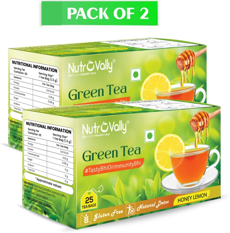 NutroVally Honey for weight loss with Premium tea leaves Honey, Lemon Green Tea Bags Box(2 x 25 Bags)