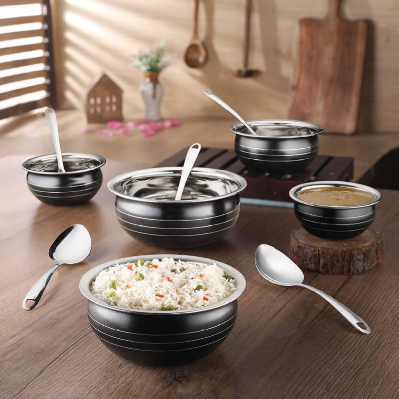 Classic Essentials Black coloured /patila/bhagona/biryani cook & serve Handi Cookware Set(Stainless Steel, 10 – Piece)
